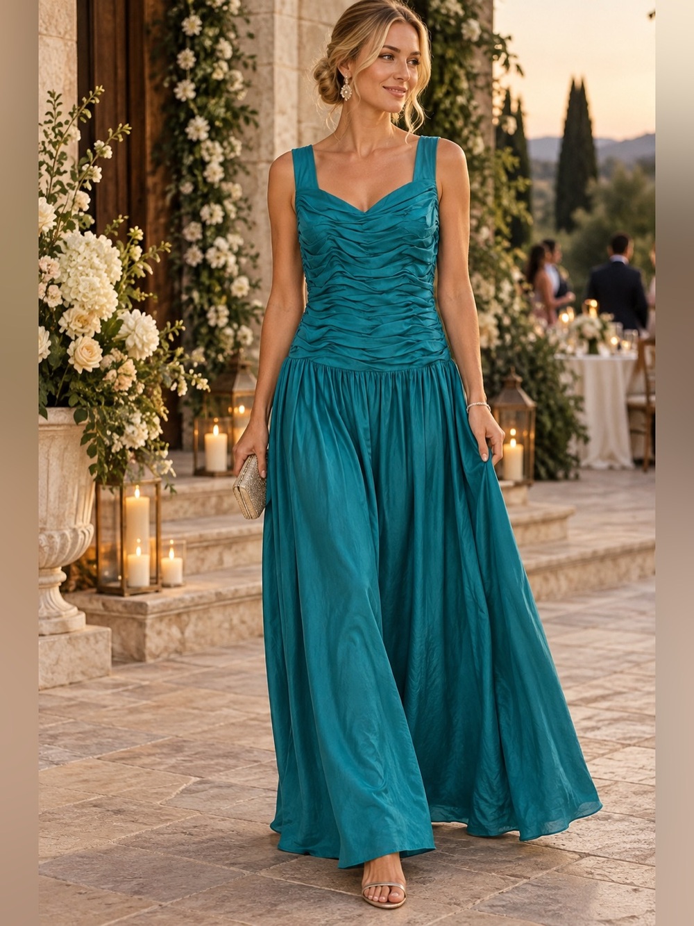 Sleeveless Teal Ruched Bodice Evening Gown in Silk